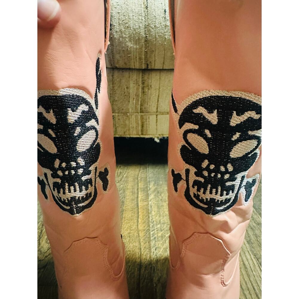 DOLLS KILL Pink Black Skull And Crossbones Flame Cowboy Boho Rough Rider Boots - Picture 9 of 12